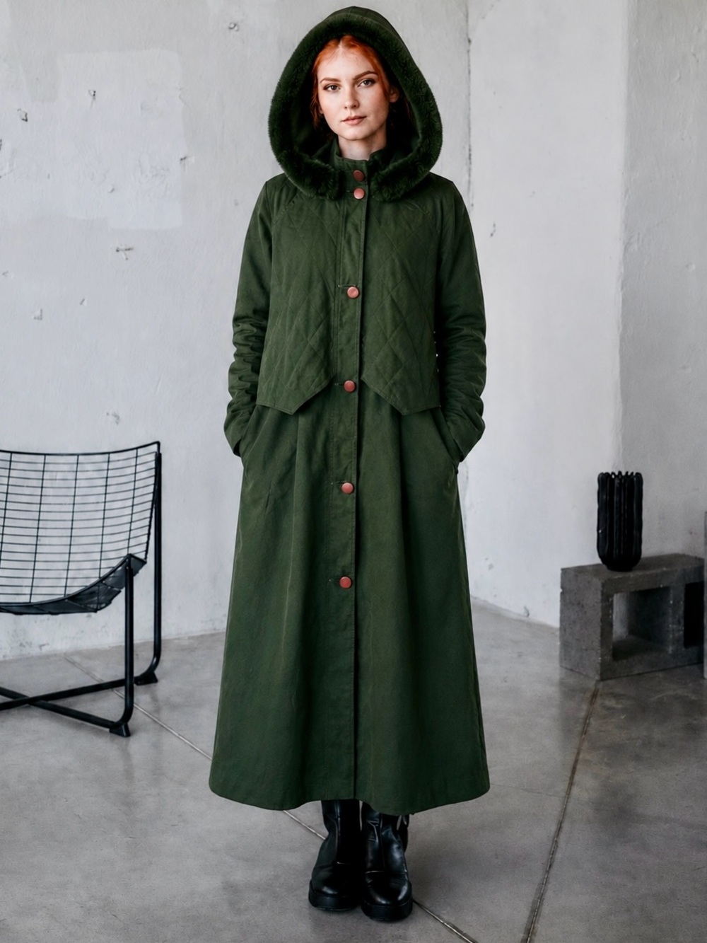 Luxury Forest Green Oversized Maxi Coat Fox Fur Hood Quilted Winter Jacket
